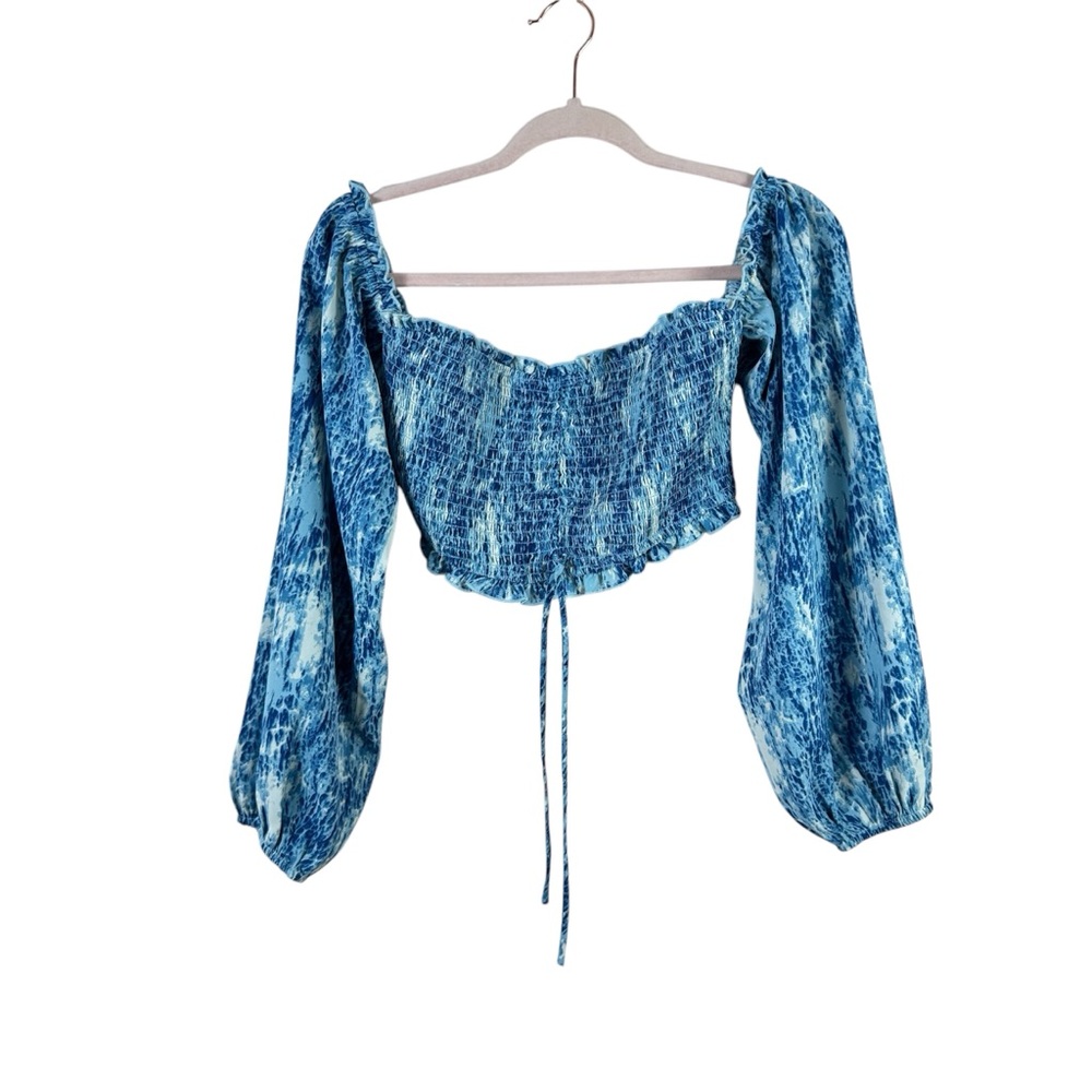 VICI Summer of Diane womens size S blue white smocked off shoulder crop top